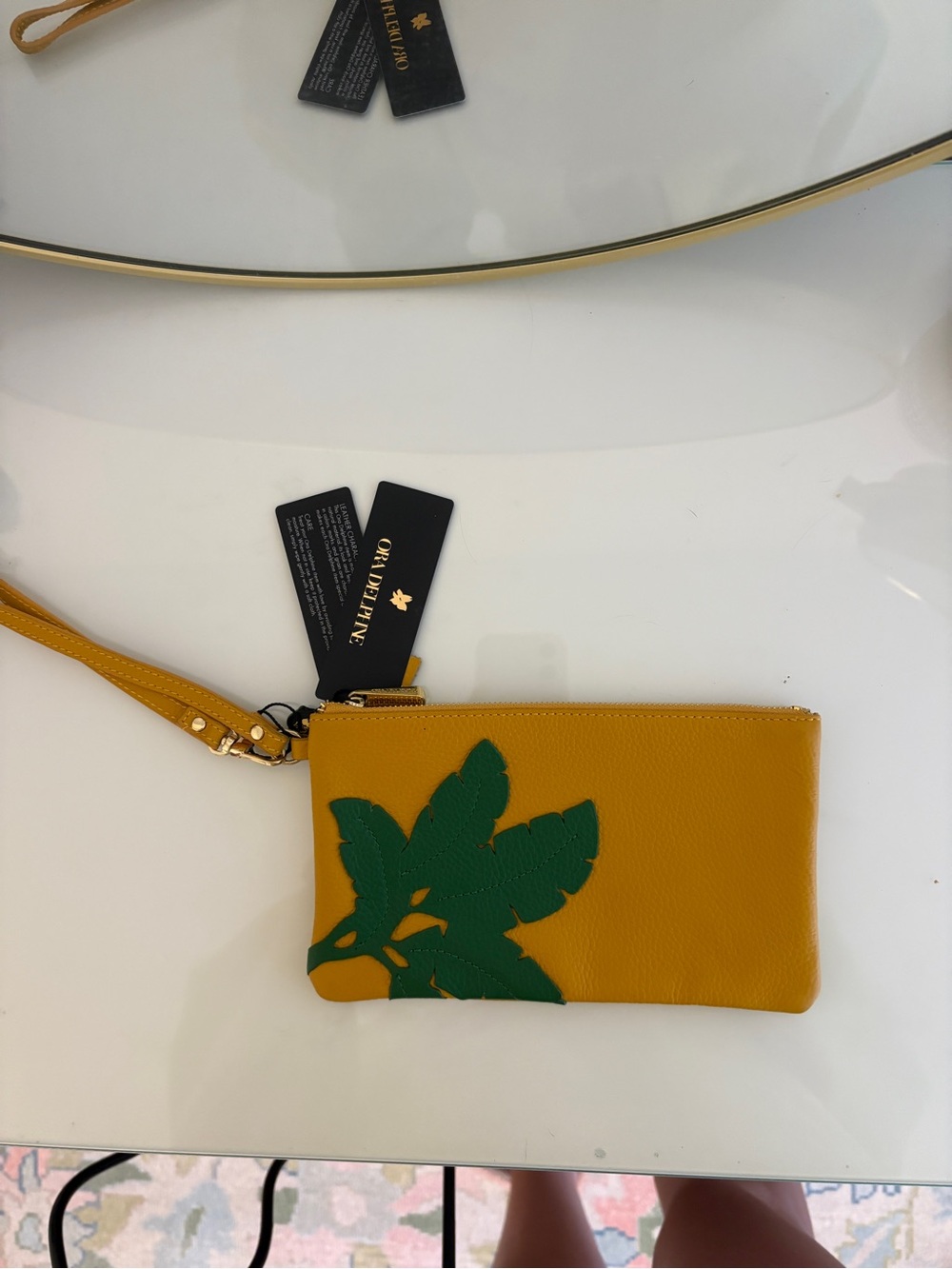 Orla Kiely Mustard Wristlet with Green Leaf Applique